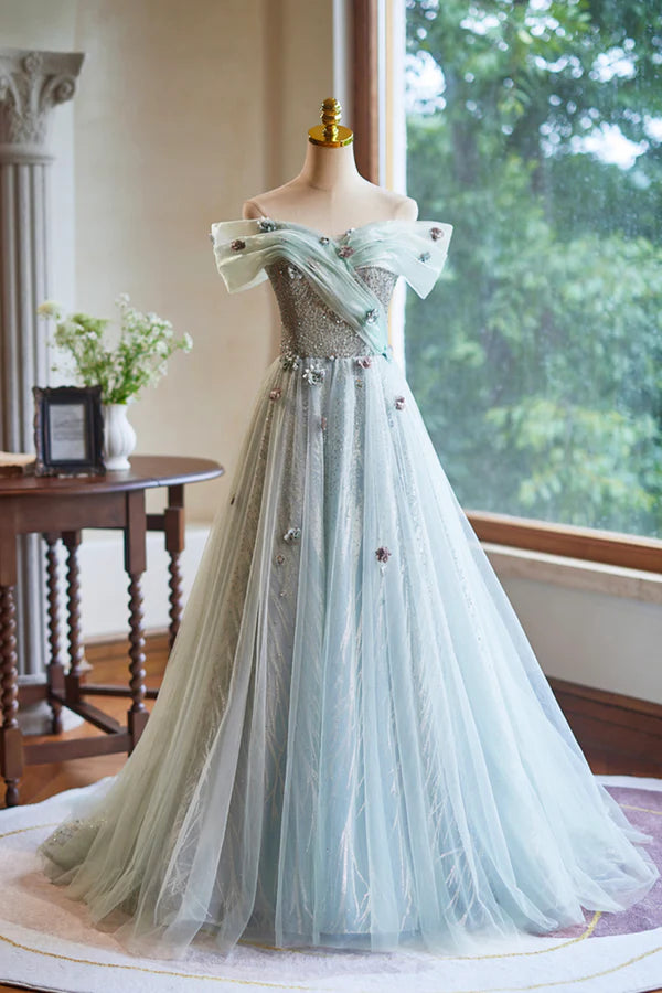 Wholesale Lovely Tulle Floor Length Green Party Dress Off the Shoulder A-Line Evening Dress